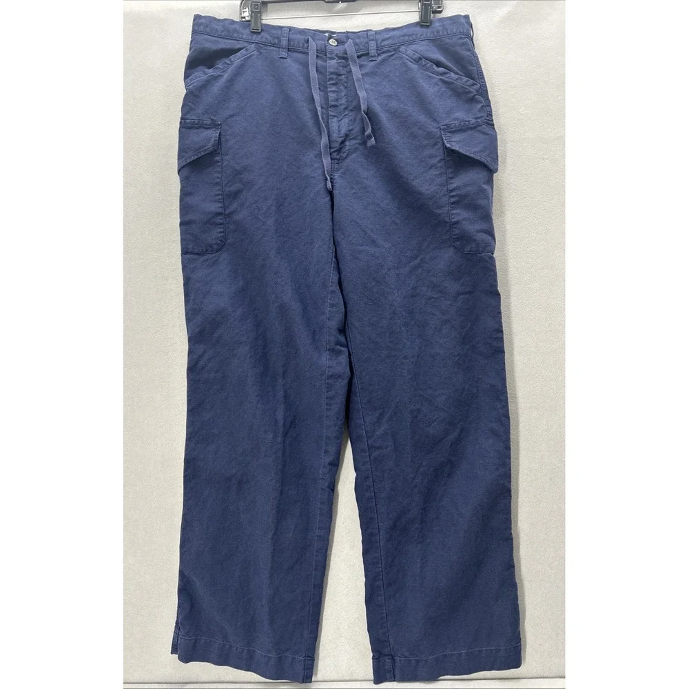 Vintage Polo Ralph Lauren Cargo Pants Men XL Blue Linen Blend Drawstring Relaxed